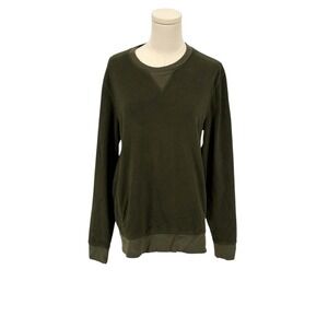 Mens Dark Green Fleece Crewneck Sweatshirt Long Sleeve V-Stitch Accent